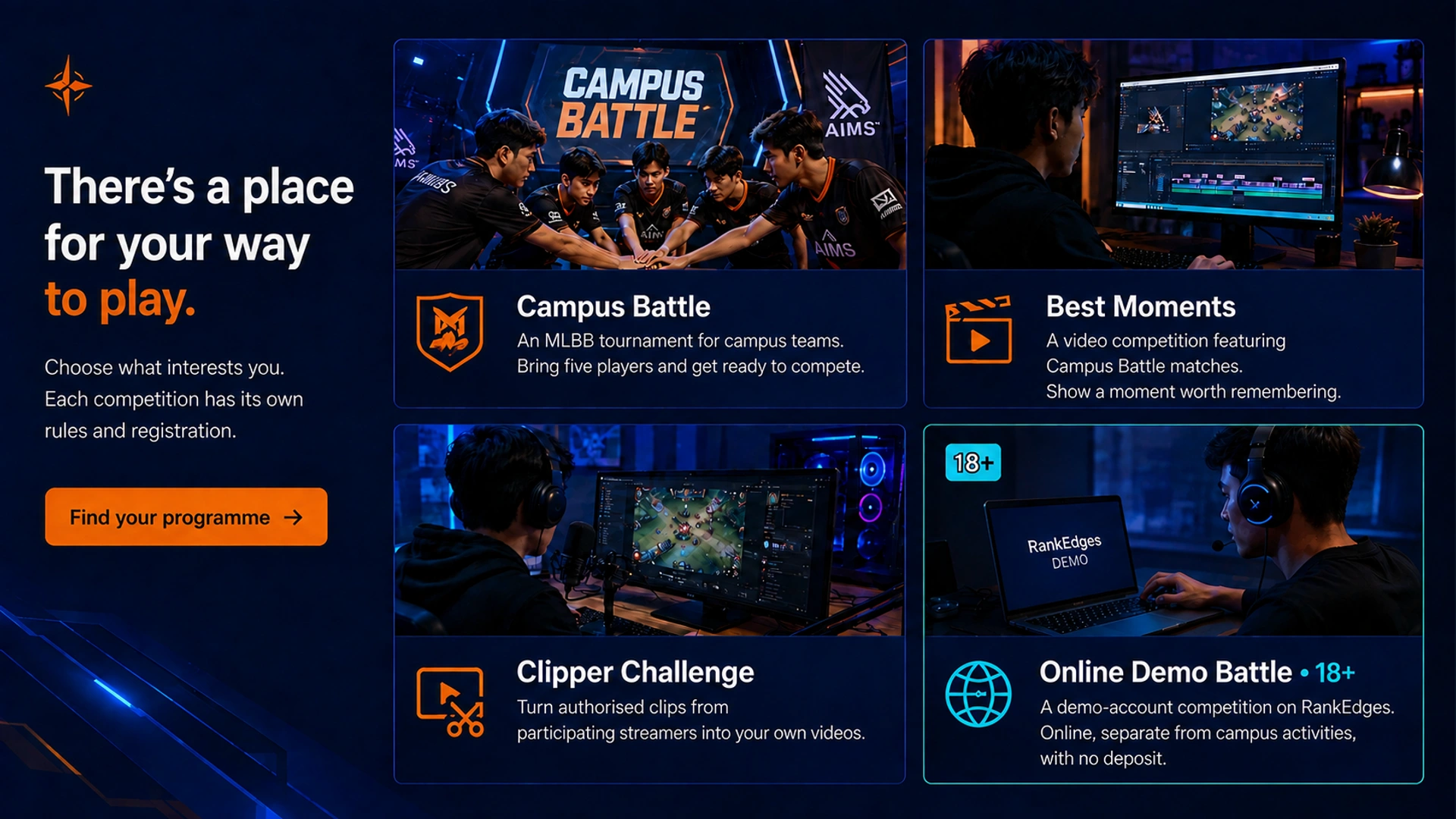 There’s a place for your way to play. · Choose what interests you. Each competition has its own rules and registration. · Campus Battle · An MLBB tournament for campus teams. Bring five players and get ready to compete. · Best Moments · A video competition featuring Campus Battle matches. Show a moment worth remembering. · Clipper Challenge · Turn authorised clips from participating streamers into your own videos. · Online Demo Battle • 18+ · A demo-account competition on RankEdges. Online, separate from campus activities, with no deposit. · Find your programme