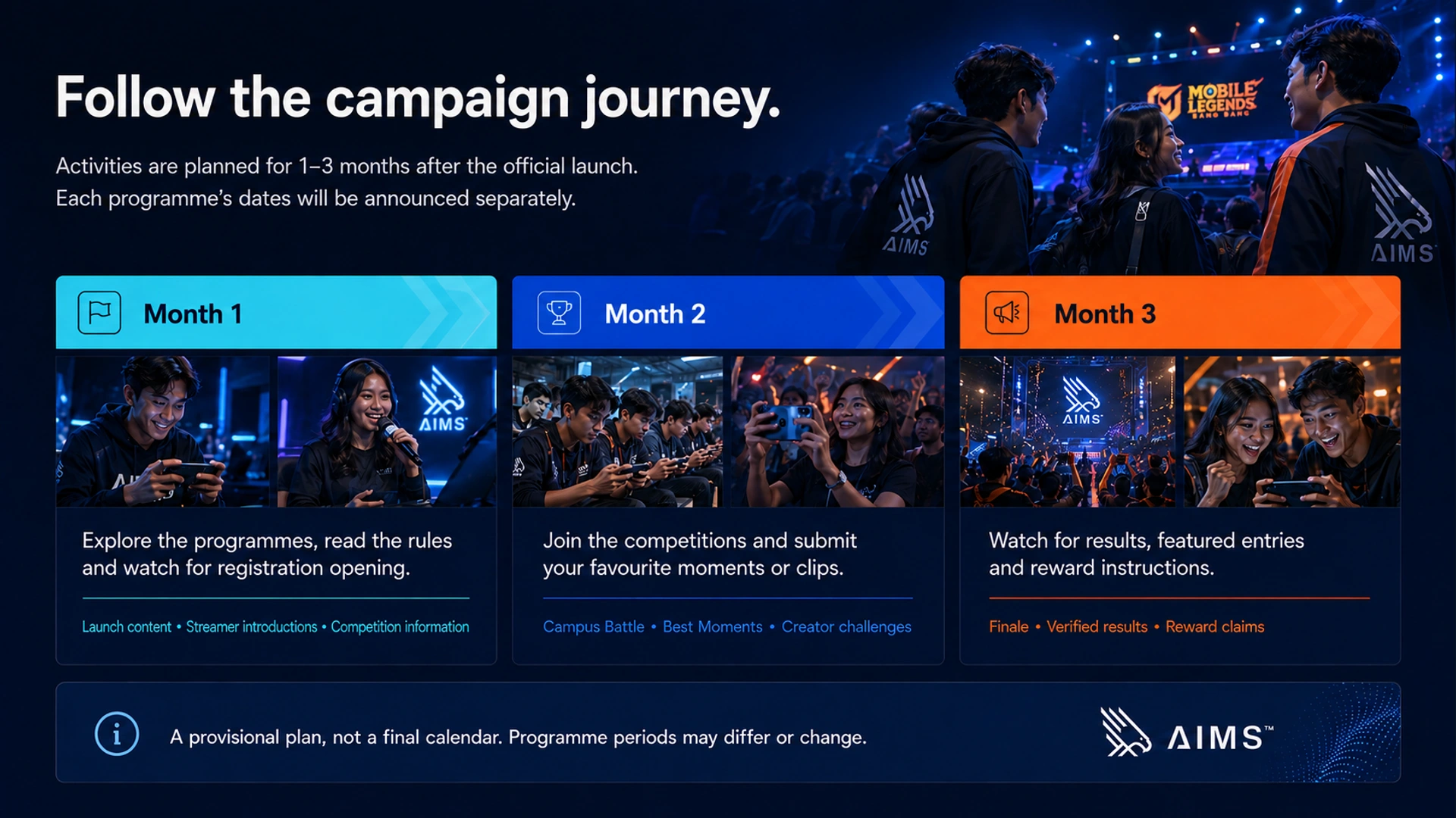 Follow the campaign journey. · Activities are planned for 1–3 months after the official launch. Each programme’s dates will be announced separately. · Month 1 · Explore the programmes, read the rules and watch for registration opening. · Launch content • Streamer introductions • Competition information · Month 2 · Join the competitions and submit your favourite moments or clips. · Campus Battle • Best Moments • Creator challenges · Month 3 · Watch for results, featured entries and reward instructions. · Finale • Verified results • Reward claims · A provisional plan, not a final calendar. Programme periods may differ or change.