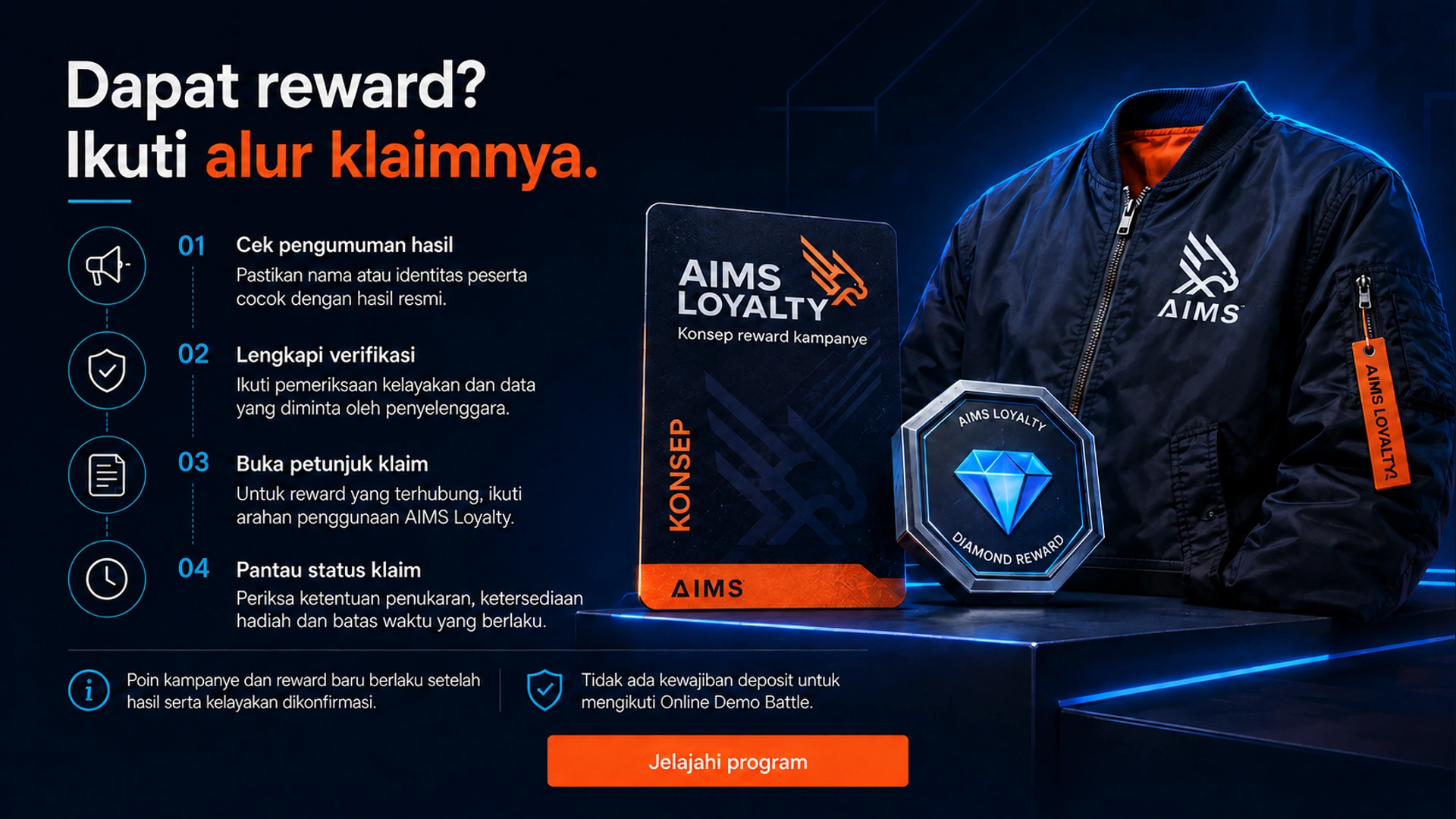 Dapat reward? Ikuti alur klaimnya. · Cek pengumuman hasil · Pastikan nama atau identitas peserta cocok dengan hasil resmi. · Lengkapi verifikasi · Ikuti pemeriksaan kelayakan dan data yang diminta oleh penyelenggara. · Buka petunjuk klaim · Untuk reward yang terhubung, ikuti arahan penggunaan AIMS Loyalty. · Pantau status klaim · Periksa ketentuan penukaran, ketersediaan hadiah dan batas waktu yang berlaku. · Poin kampanye dan reward baru berlaku setelah hasil serta kelayakan dikonfirmasi. · Tidak ada kewajiban deposit untuk mengikuti Online Demo Battle.