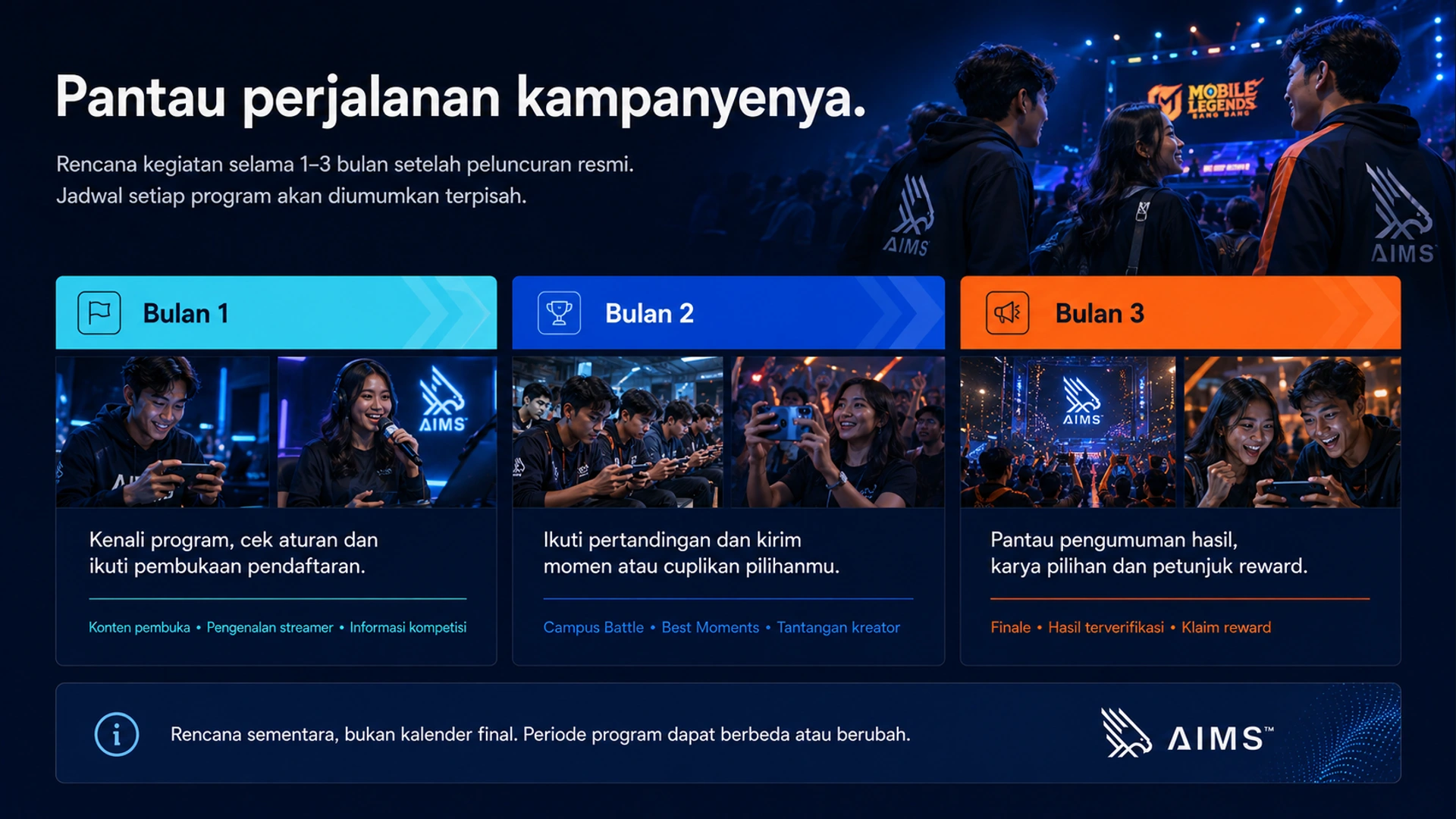 Pantau perjalanan kampanyenya. · Rencana kegiatan selama 1–3 bulan setelah peluncuran resmi. Jadwal setiap program akan diumumkan terpisah. · Bulan 1 · Kenali program, cek aturan dan ikuti pembukaan pendaftaran. · Konten pembuka • Pengenalan streamer • Informasi kompetisi · Bulan 2 · Ikuti pertandingan dan kirim momen atau cuplikan pilihanmu. · Campus Battle • Best Moments • Tantangan kreator · Bulan 3 · Pantau pengumuman hasil, karya pilihan dan petunjuk reward. · Finale • Hasil terverifikasi • Klaim reward · Rencana sementara, bukan kalender final. Periode program dapat berbeda atau berubah.
